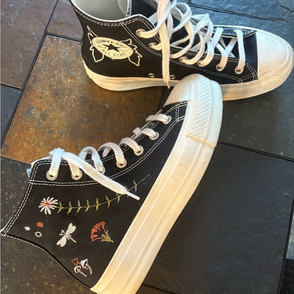 Converse Black High-Tops with Floral Design
